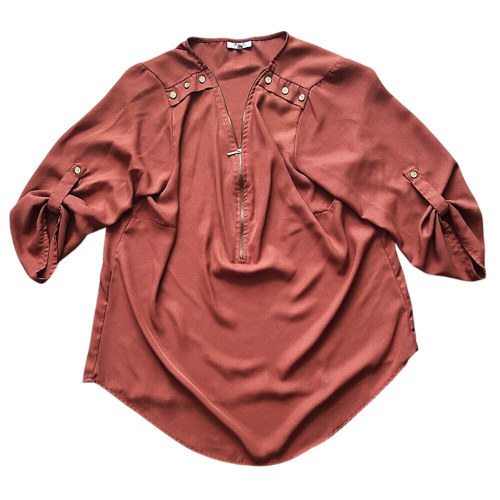 MPH Collection Lightweight 3/4 Roll-Tab Sleeve Terracotta Rust Popover Blouse XL